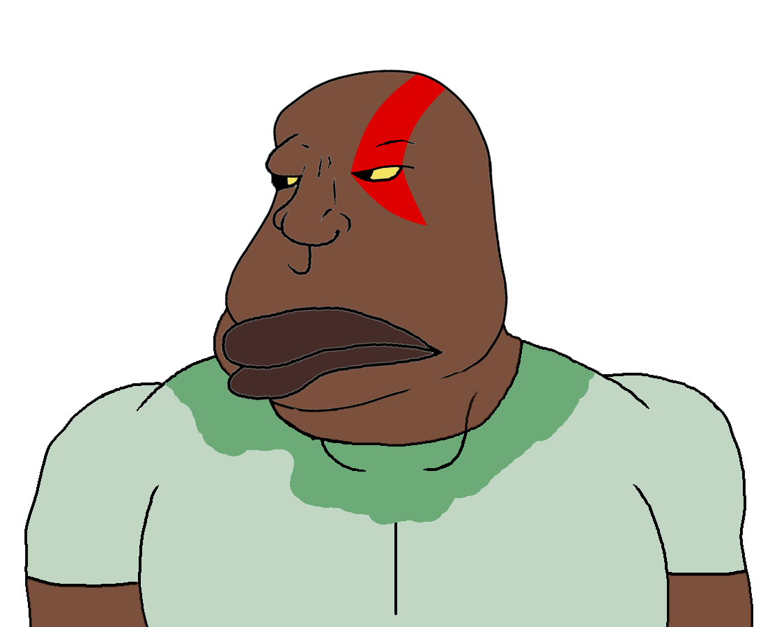 kratos, meximutt, mexiaryan, pacificislandmutt, muttvariants from meximutt, 1soyjak, bald, big lips, black eyes, brown skin