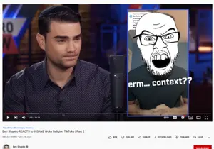 feraljak, angry, ben shapiro, glasses, open mouth, soyjak, stubble, text, youtube
