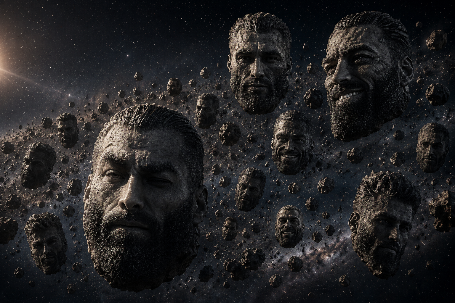 gigachad, asteroid, asteroid belt, beard, black hair, chatgpt, closed mouth, front view, frown, galaxy