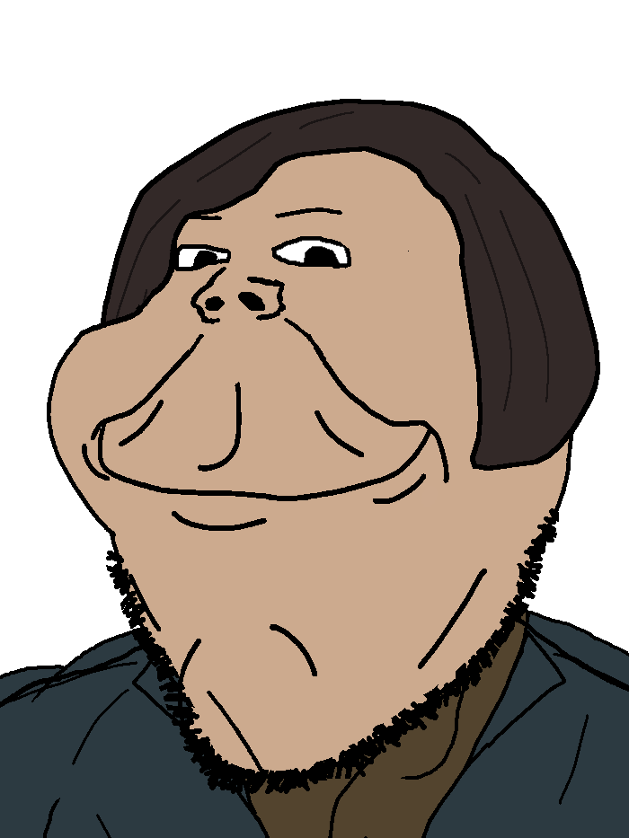 anton chigurh, gapejak, impish soyak ears, henry, 1soyjak, brown hair, brown skin, closed mouth, clothes, front view
