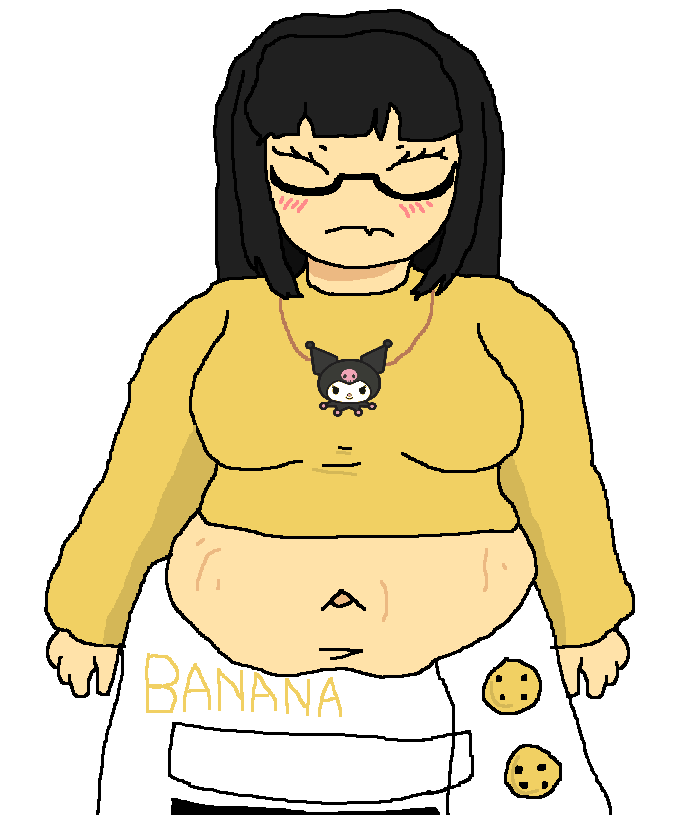 kuromi (sanrio), soychang, soytan, bbw, belly, belly button, black hair, closed mouth, dress, fat