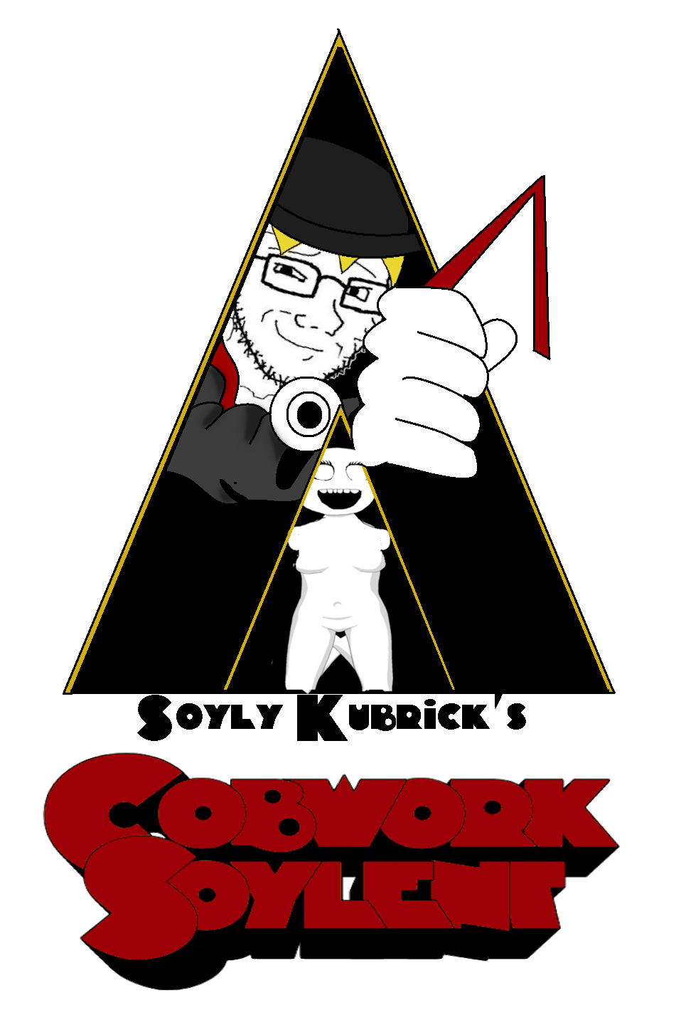 soytan, soyak, natejak, 1970s, 1971, 2soyjaks, a clockwork orange, black background, black eyes, blonde hair