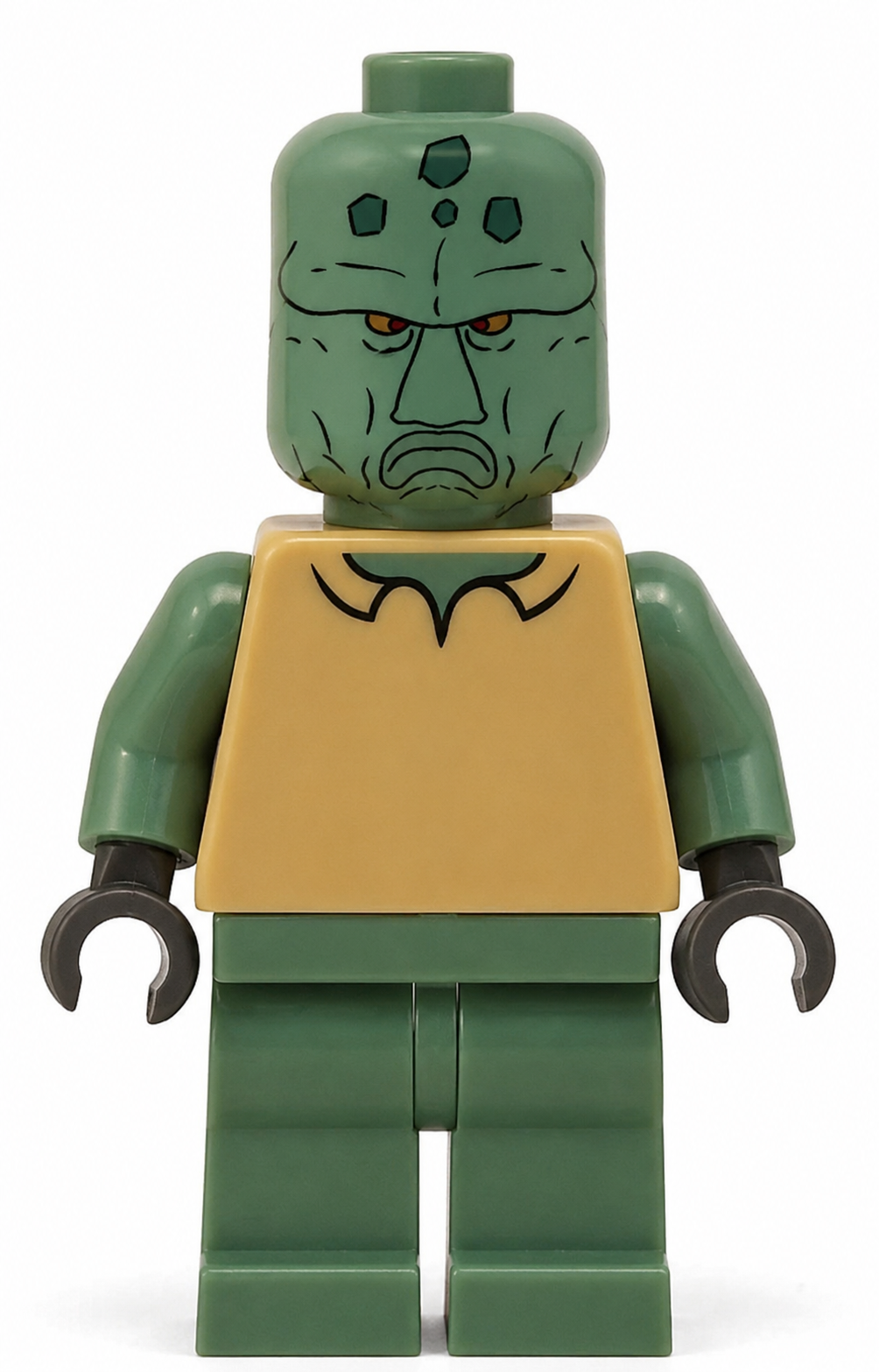 squidward tentacles, disgusting trevorcreature, angry, bald, closed mouth, clothes, full body, green skin, lego, lego minifigure