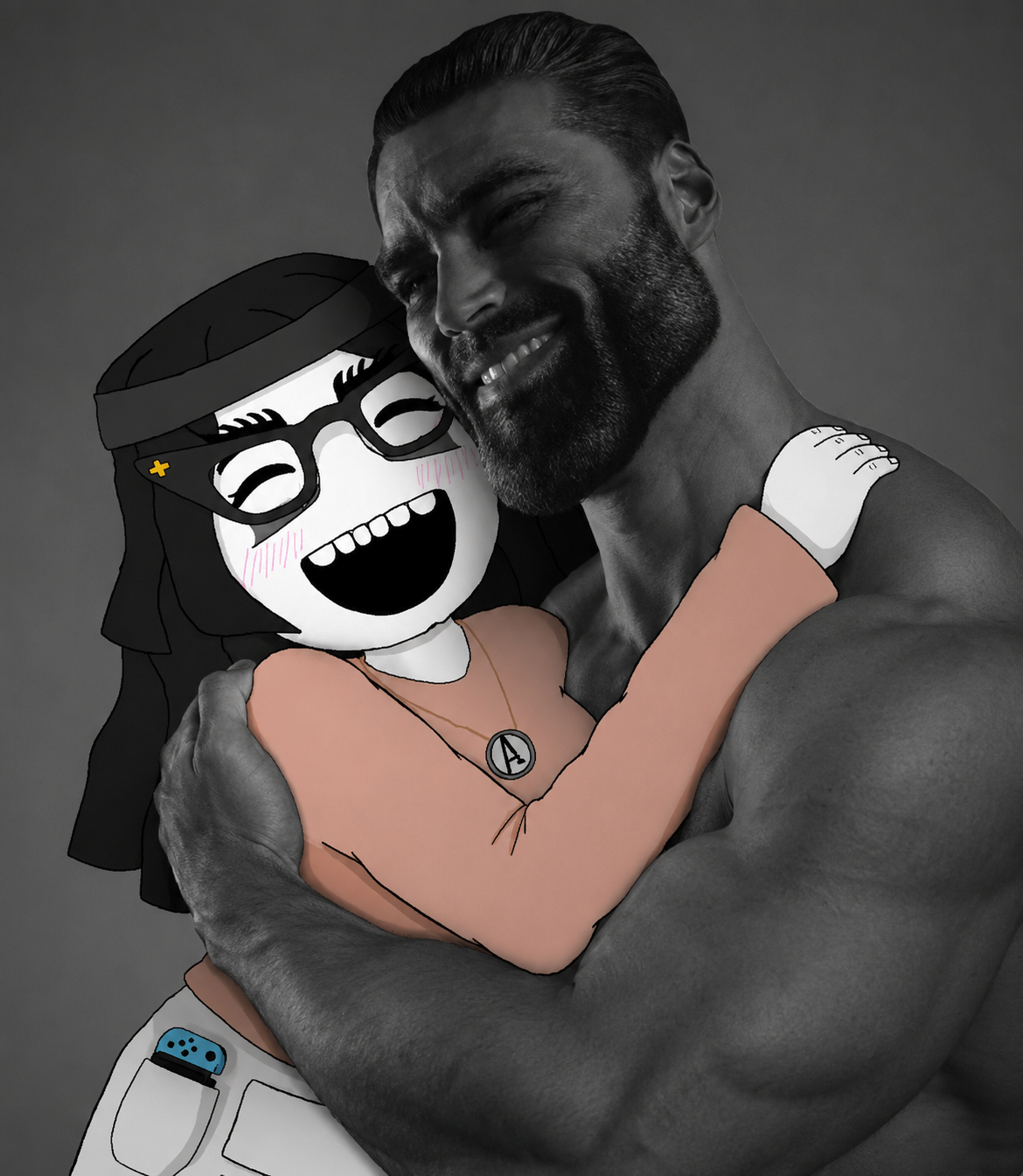 gigachad, soytan, 1nas, 1soyjak, beard, black hair, friends, friendship, glasses, hair