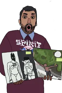two pointing soyjaks, album cover, brown skin, clothes, death grips, ear, earring, gay, hair, hands