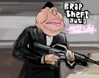 romanian schizo, meximutt, 1soyjak, black eyes, black hair, brown background, closed mouth, clothes, game parody, gun