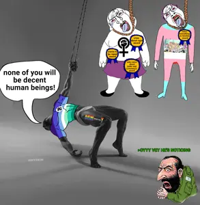 gigachad, happy merchant, bernd, troonjak, 2soyjaks, ack, award, black eyes, buff, fat