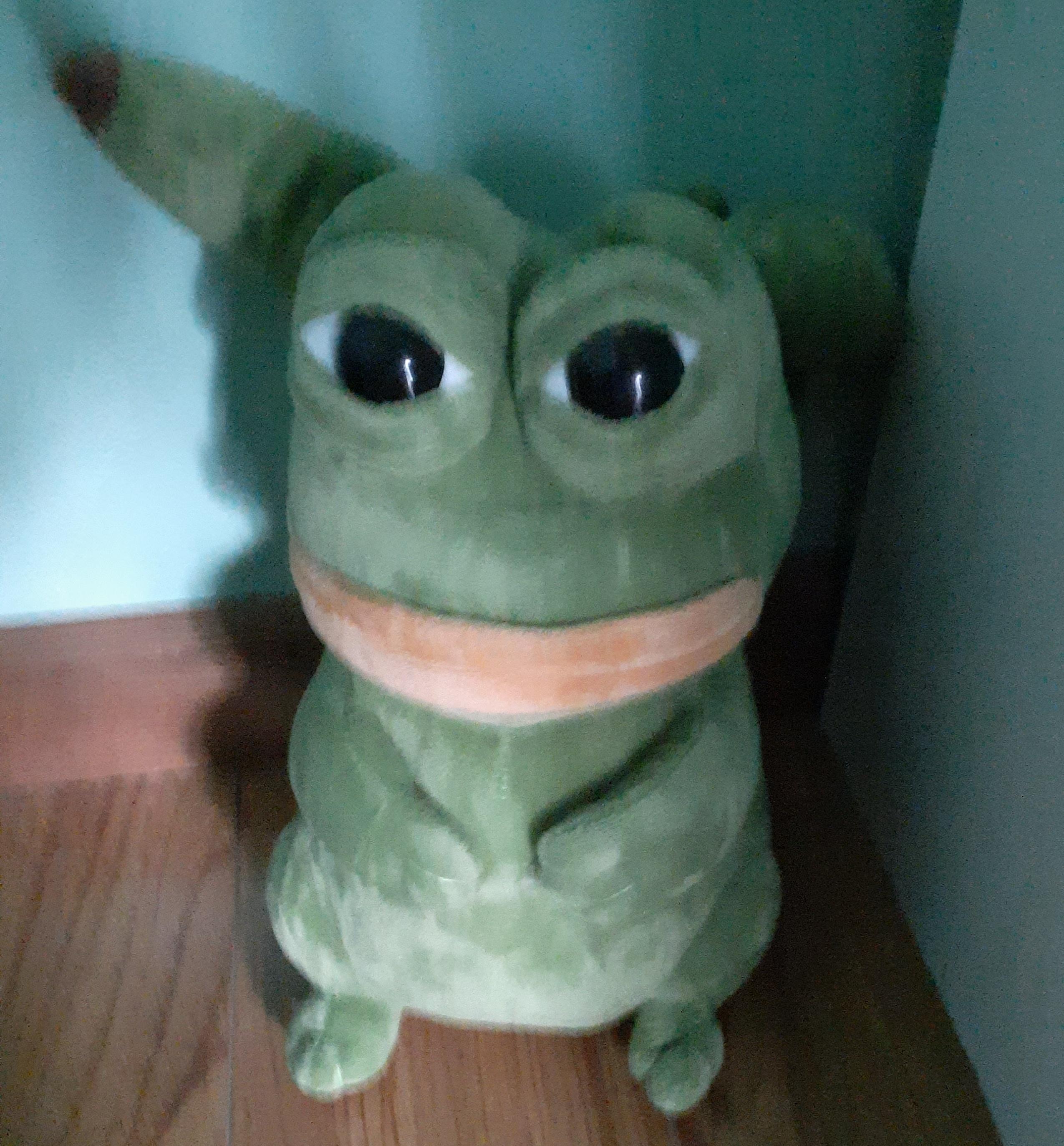 pepe, pepechu, pikachu, bald, black eyes, blue wall, blue walls, brown floor, closed mouth, cute