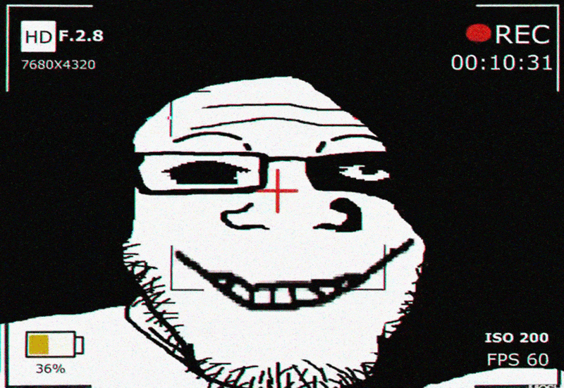 a24 slowburn soyjak, markiplier soyjak, neutralplier, sinplier, 1soyjak, animated, bald, black background, camera, camera recording