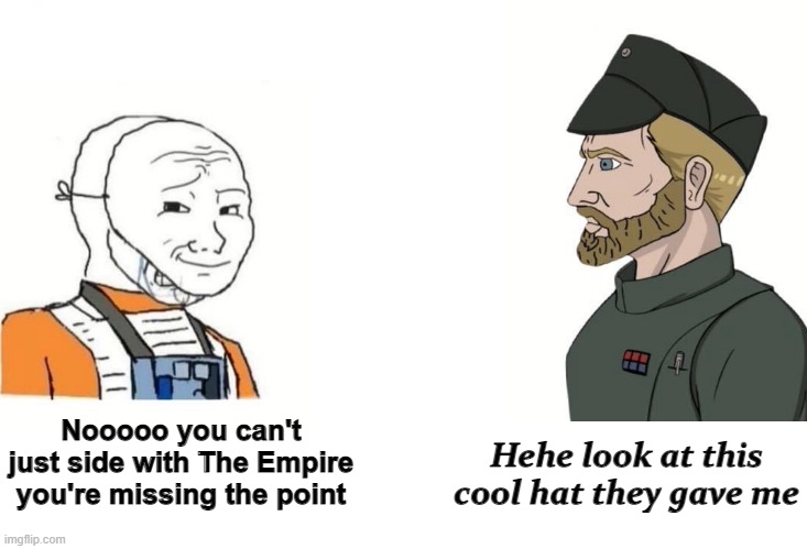 crying wojak, smug wojak, wojak, yes chad, bald, beard, blonde hair, blue eyes, cap, closed mouth