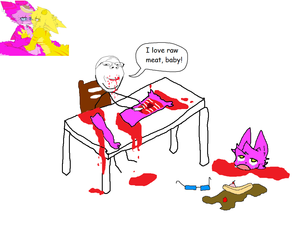 gapejak, wholesome soyjak, 1soyjak, anti furry, blood, blue glasses, cannibalism, chair, closed mouth, dead