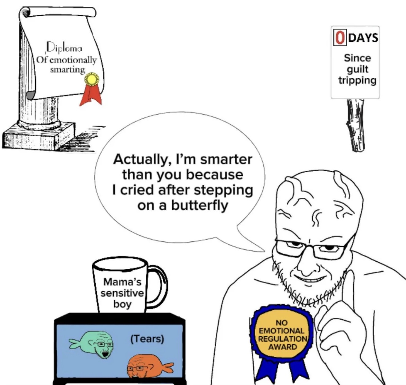 interjak, soyak, fishjak, 1soyjak, animal, award, bald, big brain, black eyes, coffee cup