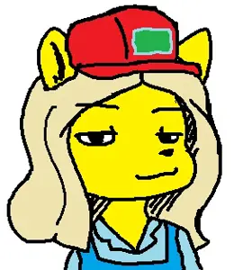 [www.glegle.gallery] white_background 1_entity solo_focus long_hair aliased_lines looking_at_viewer hat light_background smug yellow_skin meme yellow sneed overalls bust - 147.jpg
