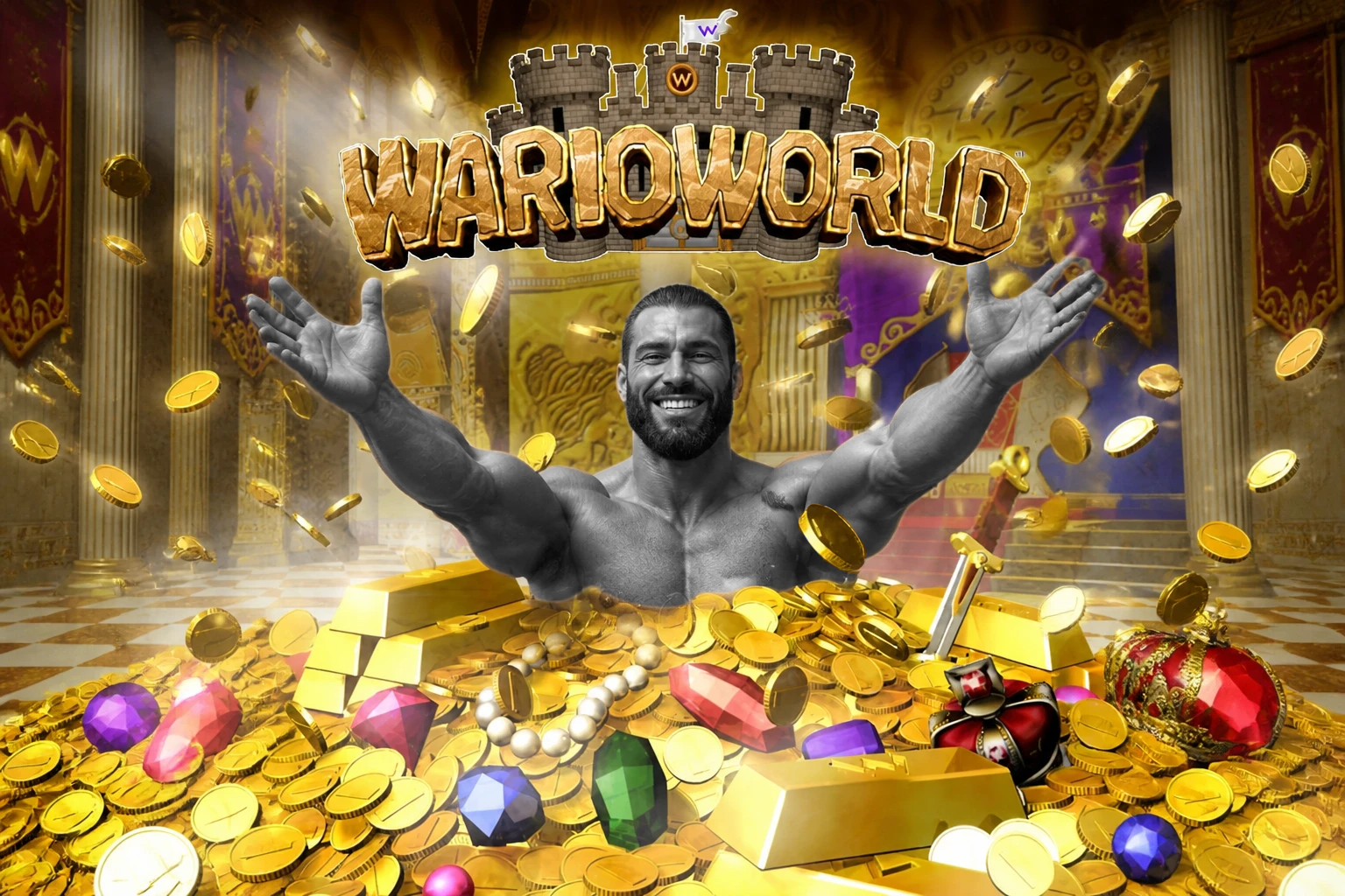 gigachad, wario, beard, black hair, buff, castle, coin, coins, flag, fort