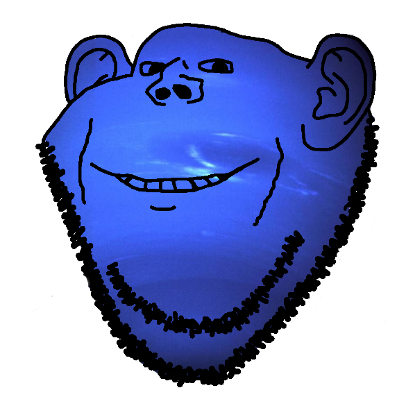 impish soyak ears, bald, black eyes, blue, blue skin, front view, half open mouth, looking at you, neptune, no glasses