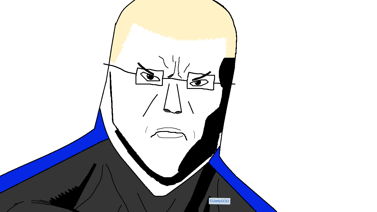 thragg, unknown, viltrumjak, 1soyjak, angry, blonde hair, buff, closed mouth, front view, glasses