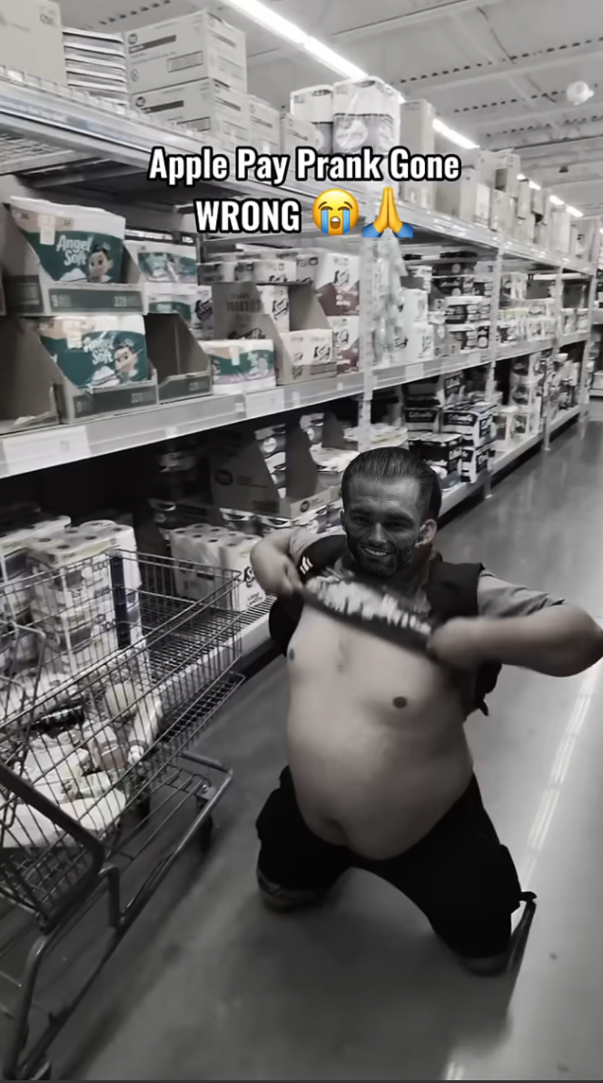 gigachad, apple, apple pay, apple pay prank, beard, black eyes, black hair, cart, clothes, fat