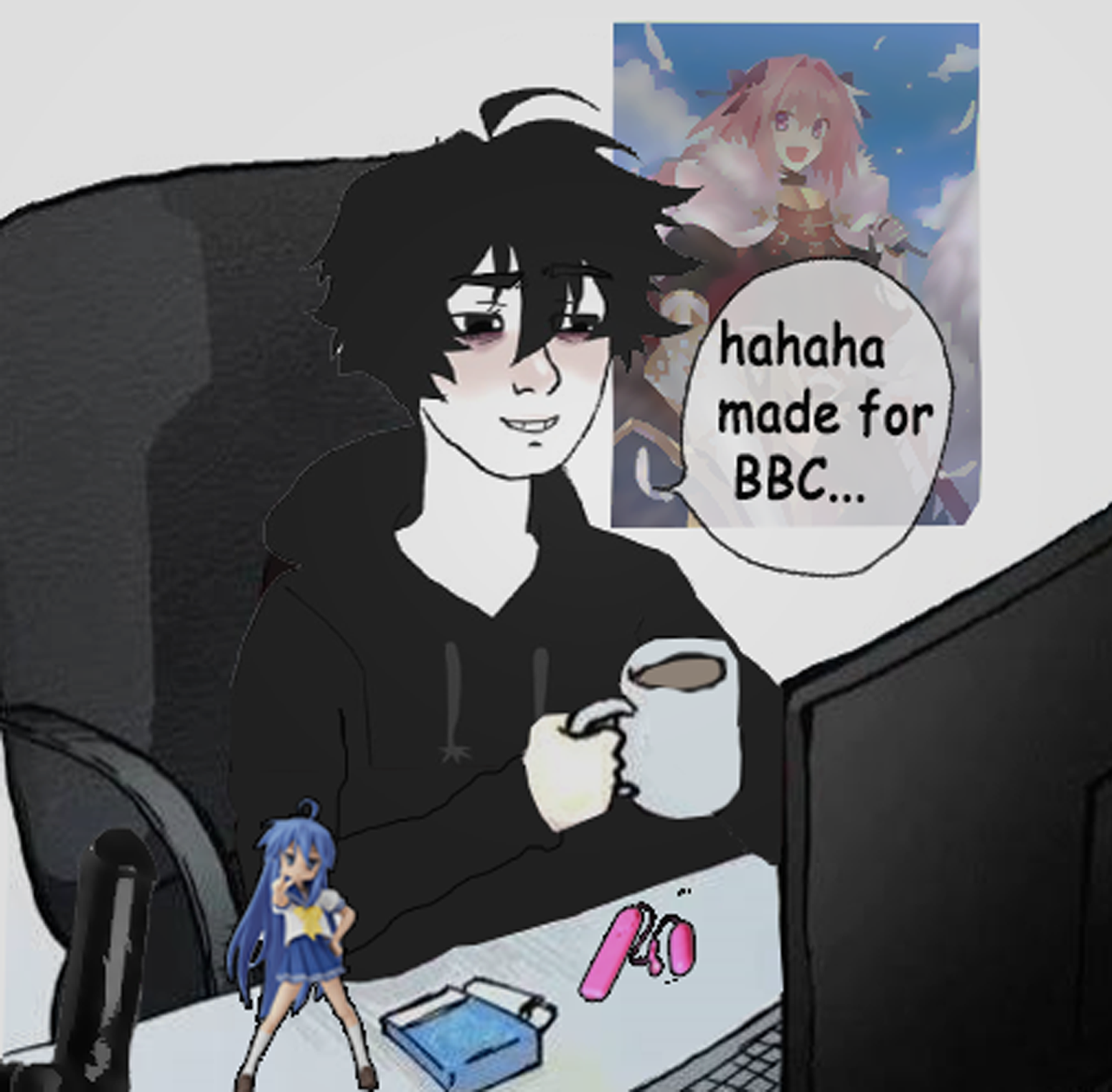 astolfo, konata izumi, twinkjak, wojak, 1soyjak, bbc, black eyes, black hair, chair, cigarette
