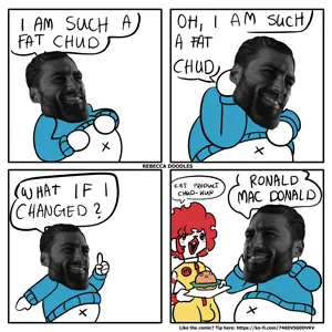 gigachad, chudjak, gigachaded, blue shirt, chud, comic, fat, gray skin, mcdonalds, pooner artstyle