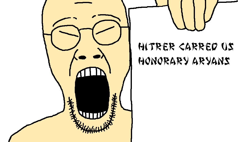 clickbaitjak, 1soyjak, adolf hitler, asian, bald, brainrot, chink, chinksectoid, closed eyes, fingers
