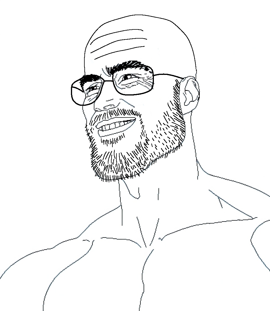 gigachad, unknown, 1soyjak, abs, aliased, bald, beard, black eyes, black outline, black pupils