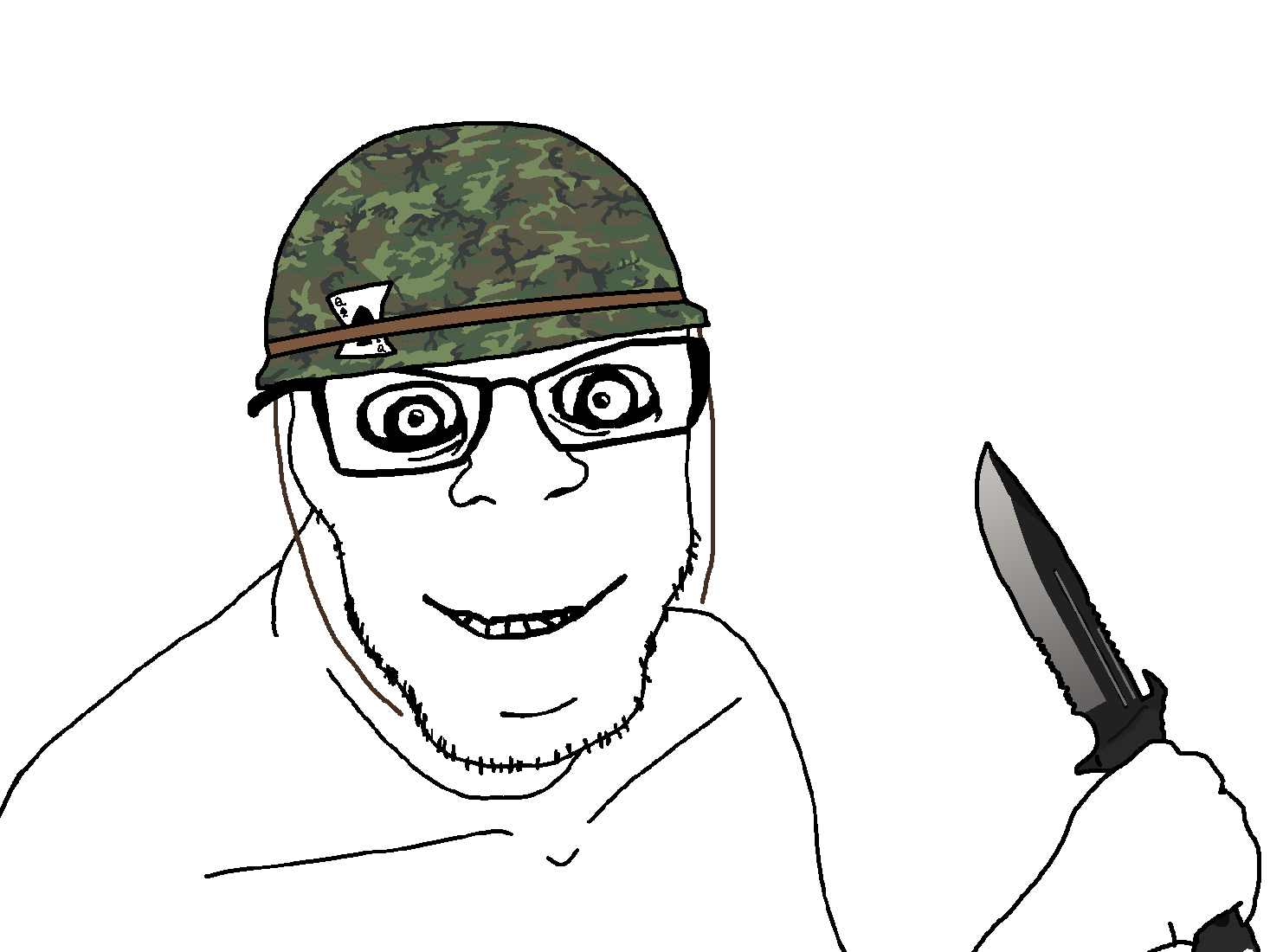 feraljak, feraljak (crazed), wholesome feraljak, card, clothes, combat knife, crazed, glasses, hand, hat