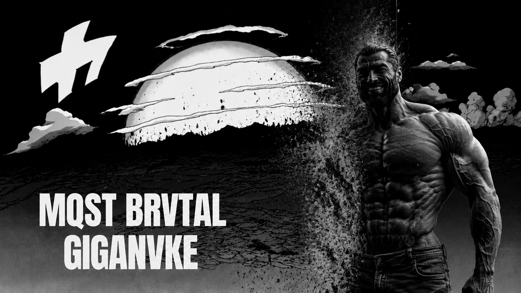 gigachad, aryan beast bomb, beard, black and white, black background, black hair, buff, dust, epic, ernest khalimov