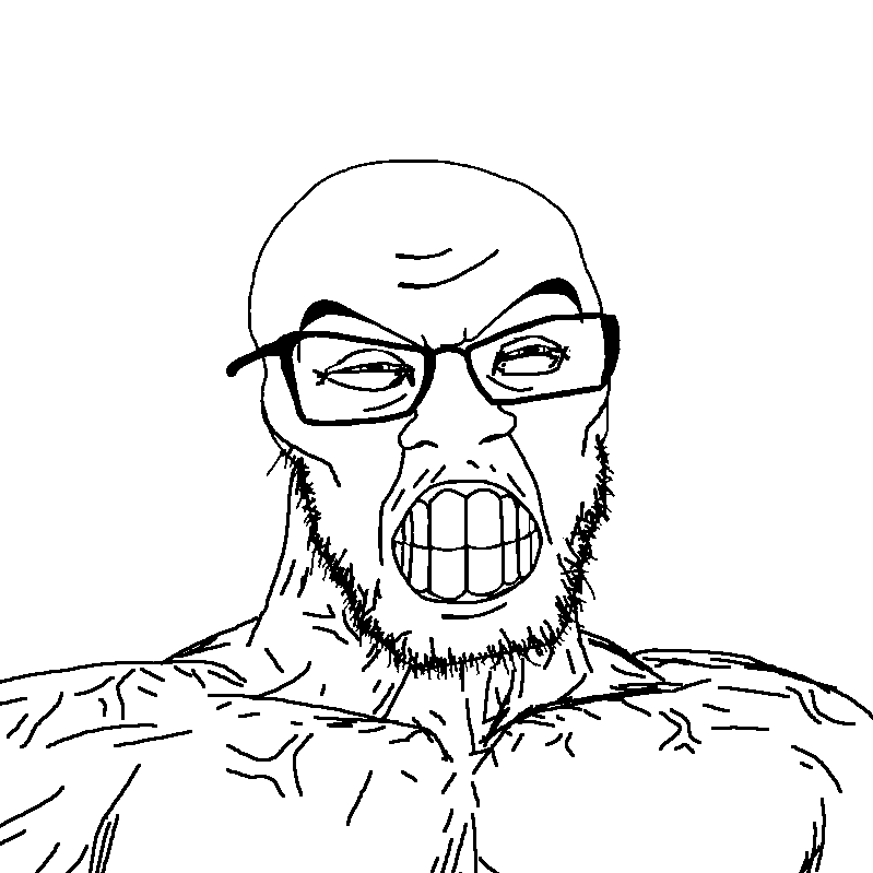 chudjak, feraljak, perceptive chud, perceptive feraljak, fusionjaks, angry, bald, buff, looking to the right, monochrome