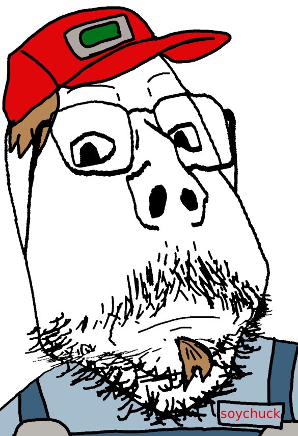 gapejak, scholar, nonexistent admins, nonexistent namefags, 1soyjak, blue overalls, brown hair, chuck, closed mouth, dirty blond hair