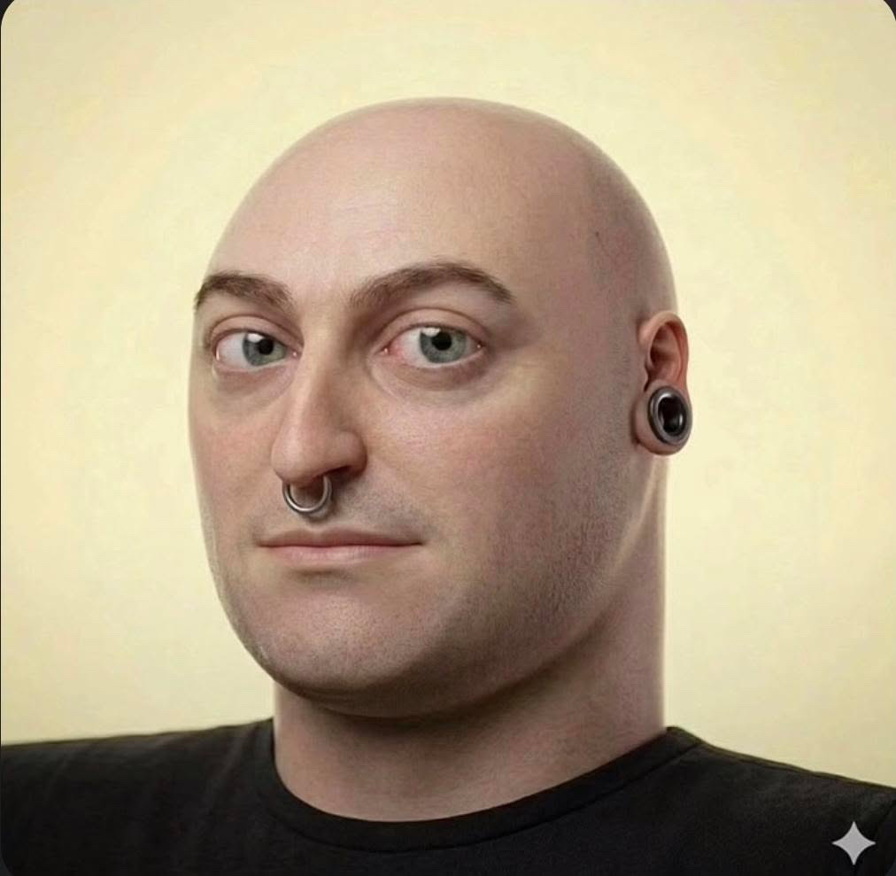 weirdpenis, 1soyjak, bald, black shirt, blue eyes, closed mouth, clothes, earrings, ears, eyebrows