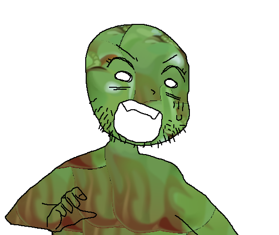 youmujak, 1soyjak, arm, bald, black eyes, black hair, gimp (software), green skin, hair, hand