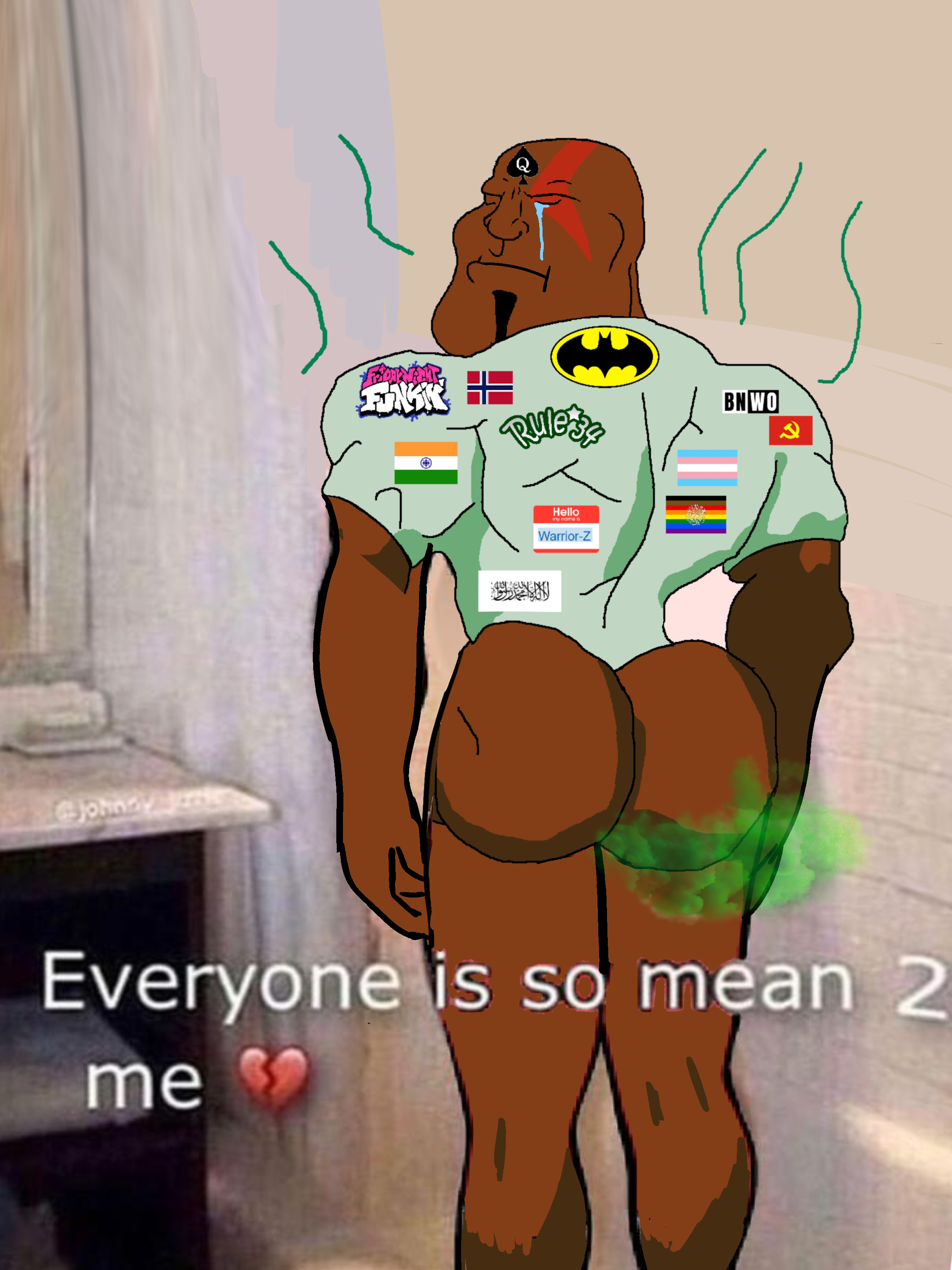 kratos, meximutt, mexiaryan, slopjak, 1soyjak, ass, back view, bald, batman logo, bnwo