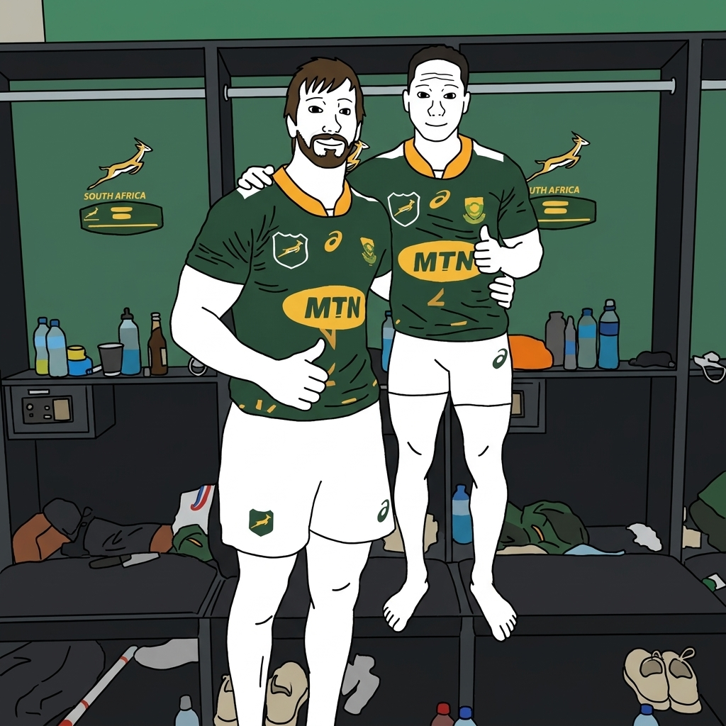 wojak, brown hair, buff, closed mouth, clothes, eben etzebeth, facial hair, full body, hair, happy