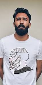 yes chad, beard, black eyes, black hair, blonde hair, brown skin, closed mouth, clothes, front view, full body