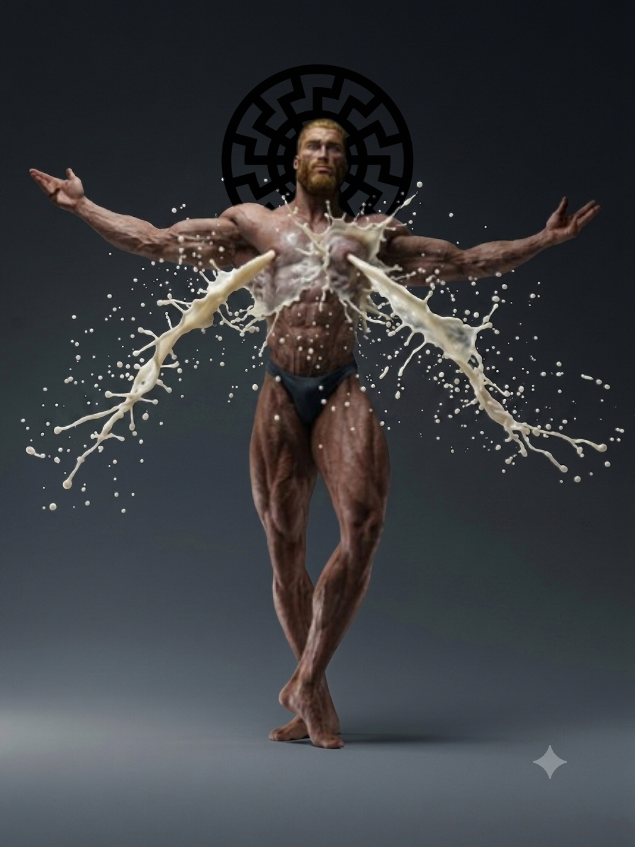 gigachad, aryan, a10 eyes, beard, blacksun, blonde hair, blue eyes, buff, closed mouth, food