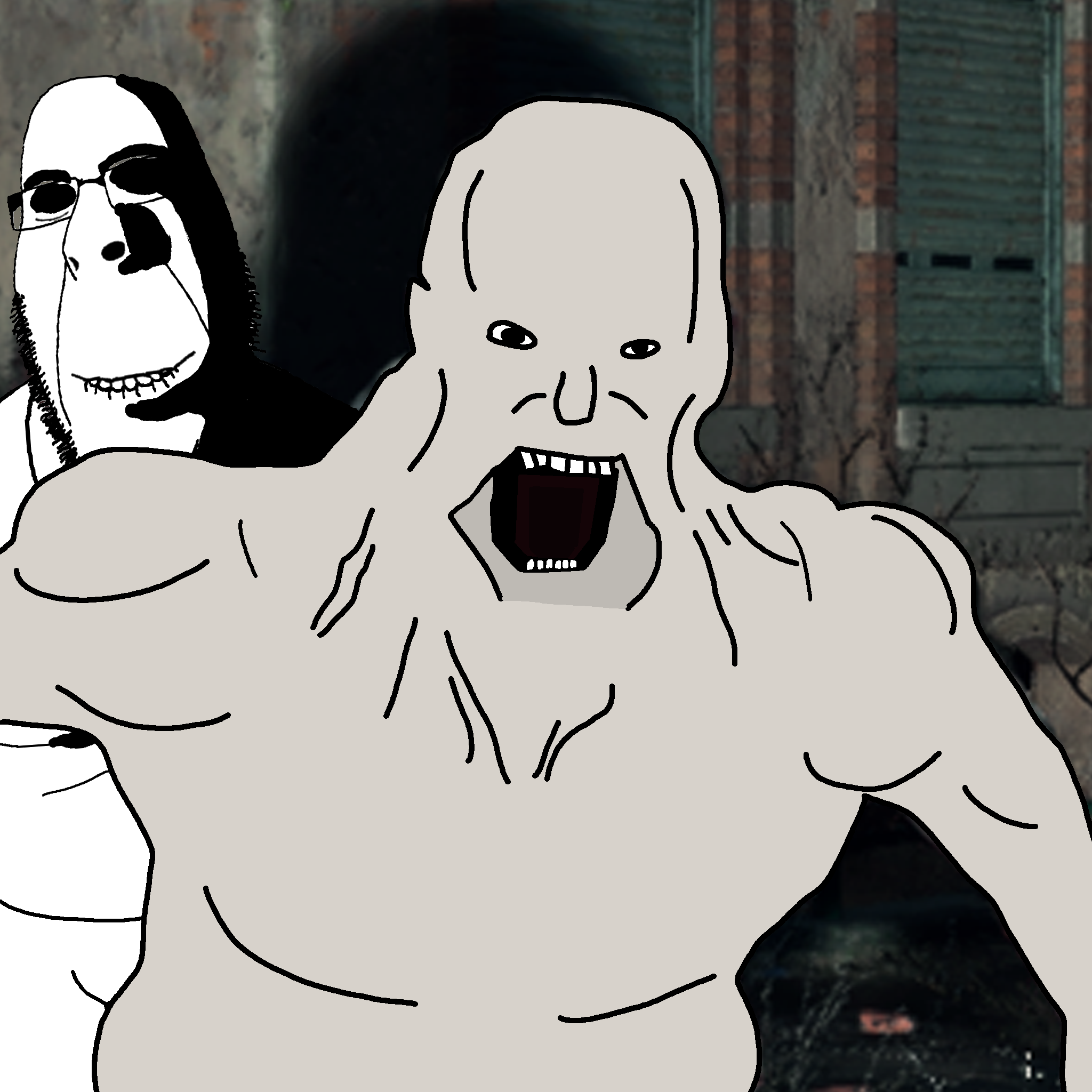 rapeson, cobson, hornyson, rapeson, 2soyjaks, bald, beard, black eyes, black hair, buff
