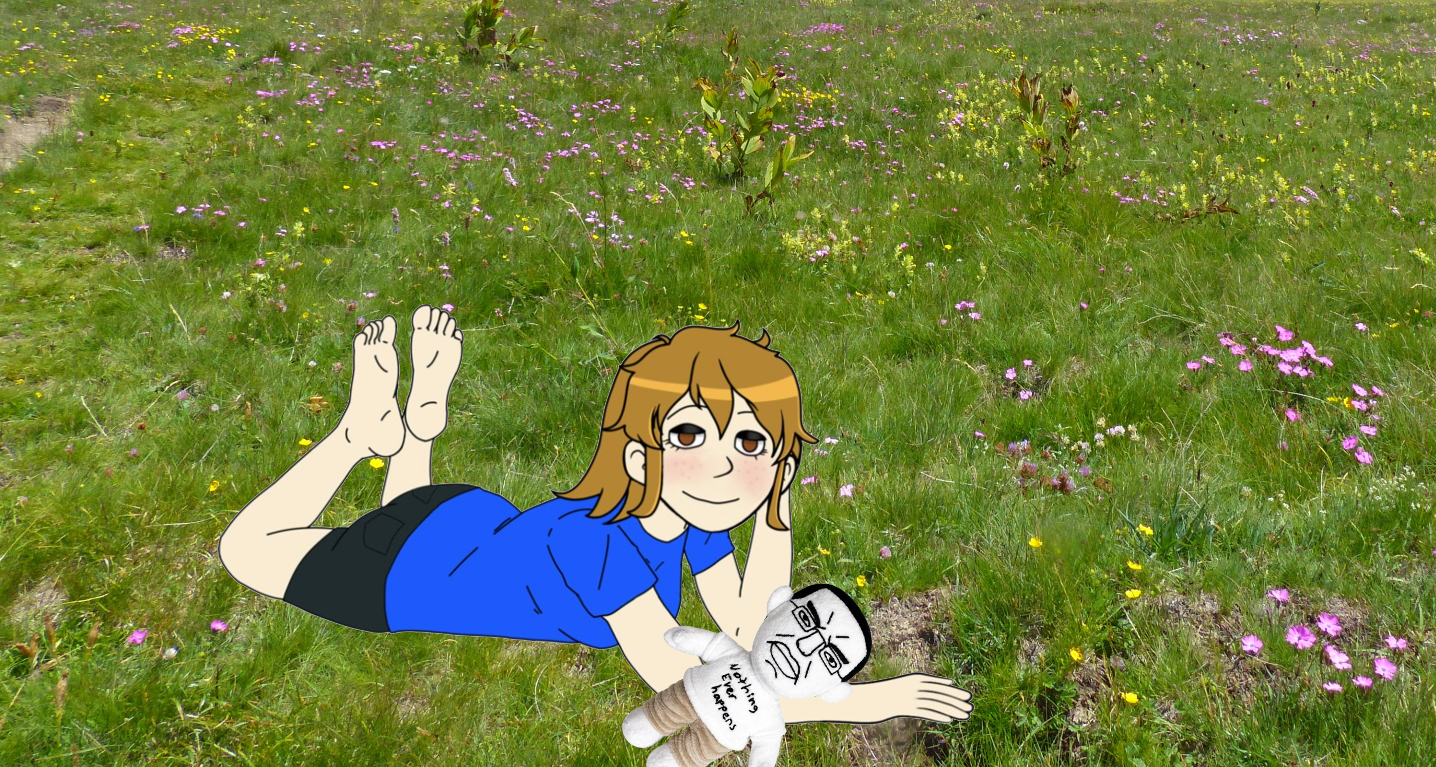 Ashbie in a field with Chudjak plushie
