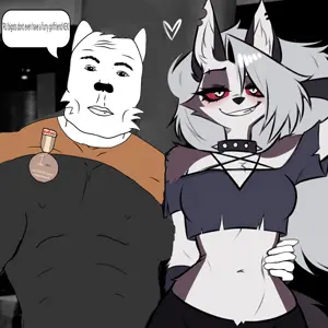 255591 - soybooru.com - beard black_eyes black_hair blush brapped_comment_section☣️☣️☣️_do_not_enter☣️☣️☣️ buff front_view furry gigachad gray_skin hair half_body half_open_mouth helluva_boss long_hair lookinggwa_at_you loona.png