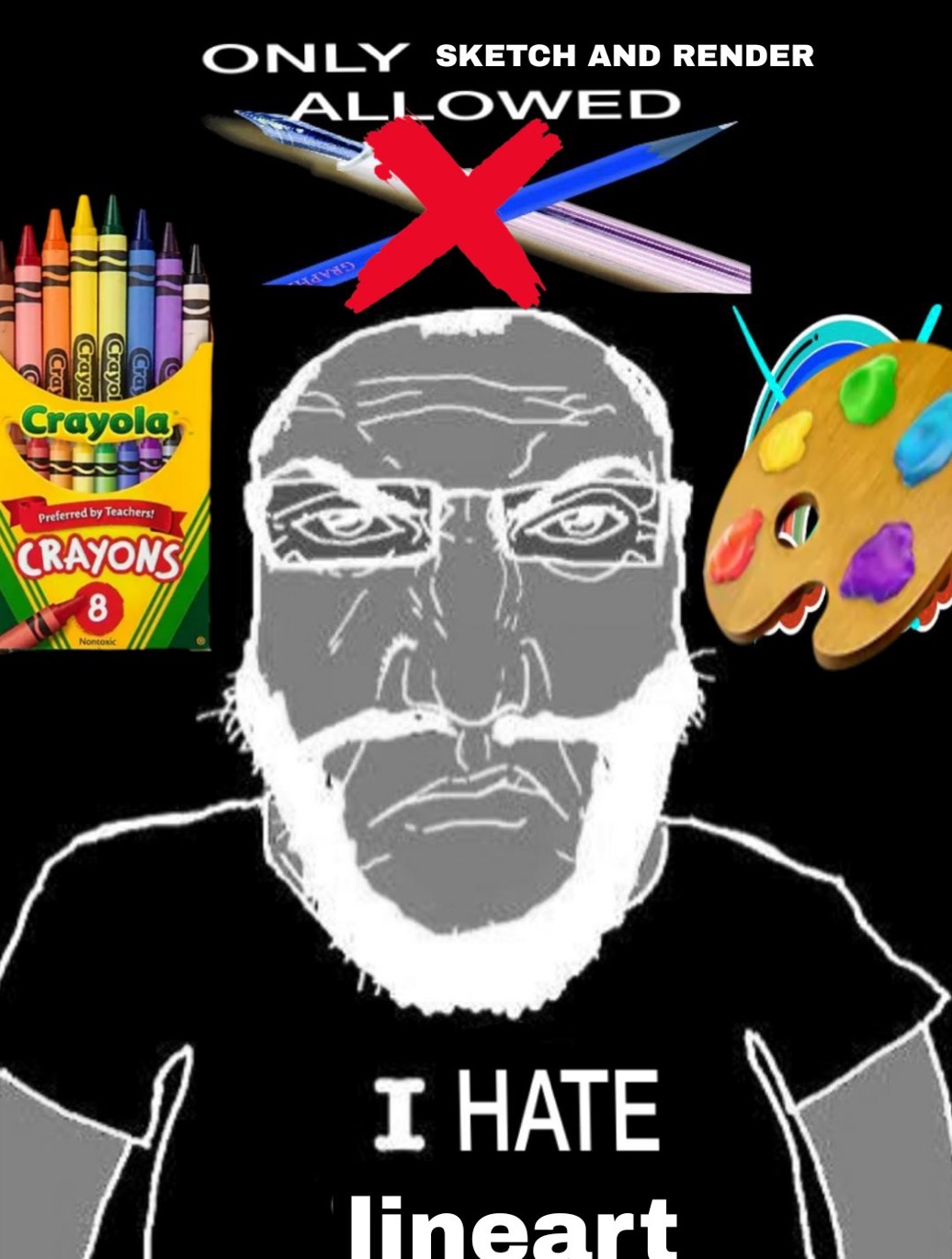 markiplier soyjak, science lover, punisher face, 1soyjak, angry, beard, black beard, black eyes, black hair, black shirt