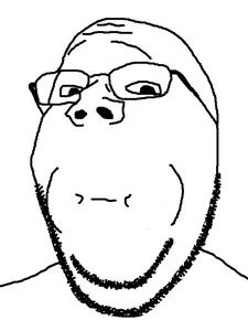 gapejak, wholesome soyjak, 1soyjak, closed mouth, eating or laughing depending on context, glasses, monochrome, soyjak, stubble, uncolored skin