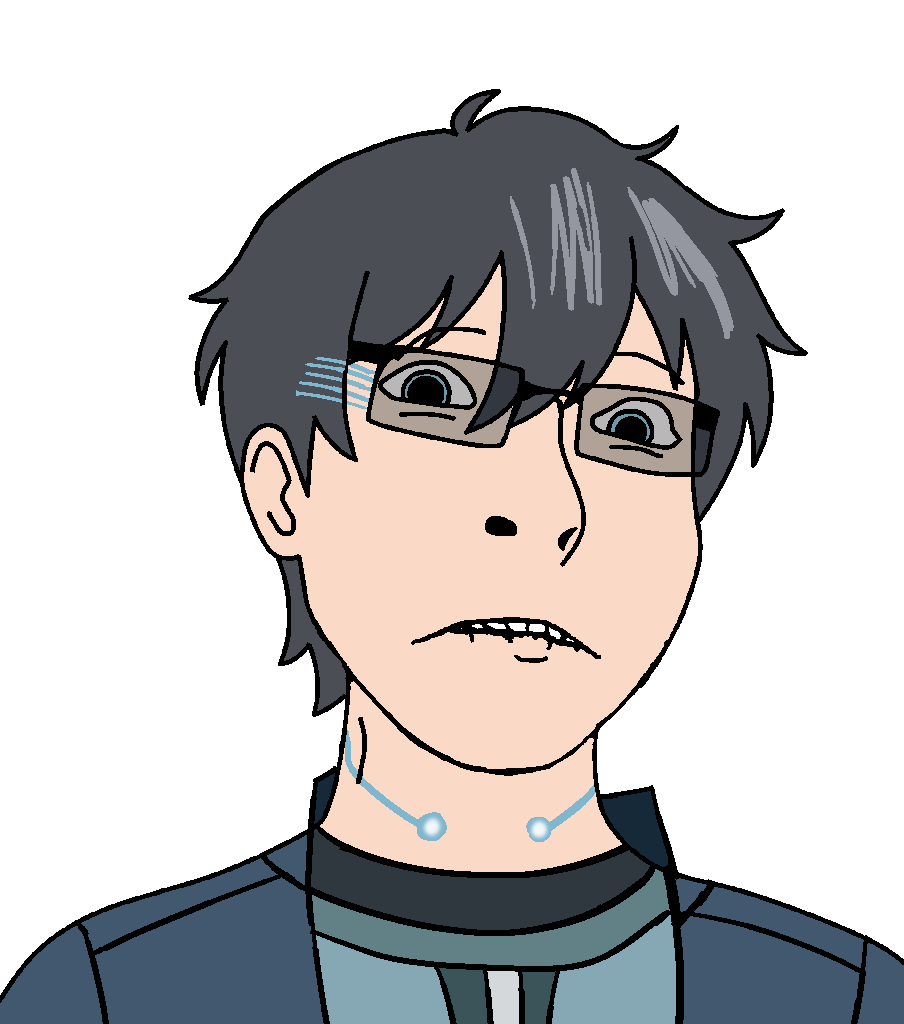 jc denton, cobson, pawbson, 1soyjak, biting lip, black hair, blue eyes, front view, frown, glasses