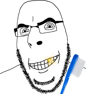 cobson, glasses, golden tooth, grin, smile, soyjak, stubble, toothbrush