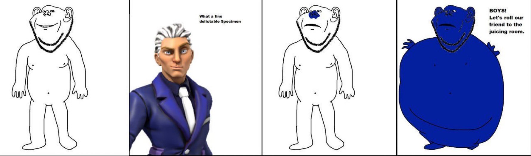 impish soyak ears, blue skin, blueberry inflation, charlie and the chocolate factory, closed mouth, clothes, covington farms, frown, full body, glasses
