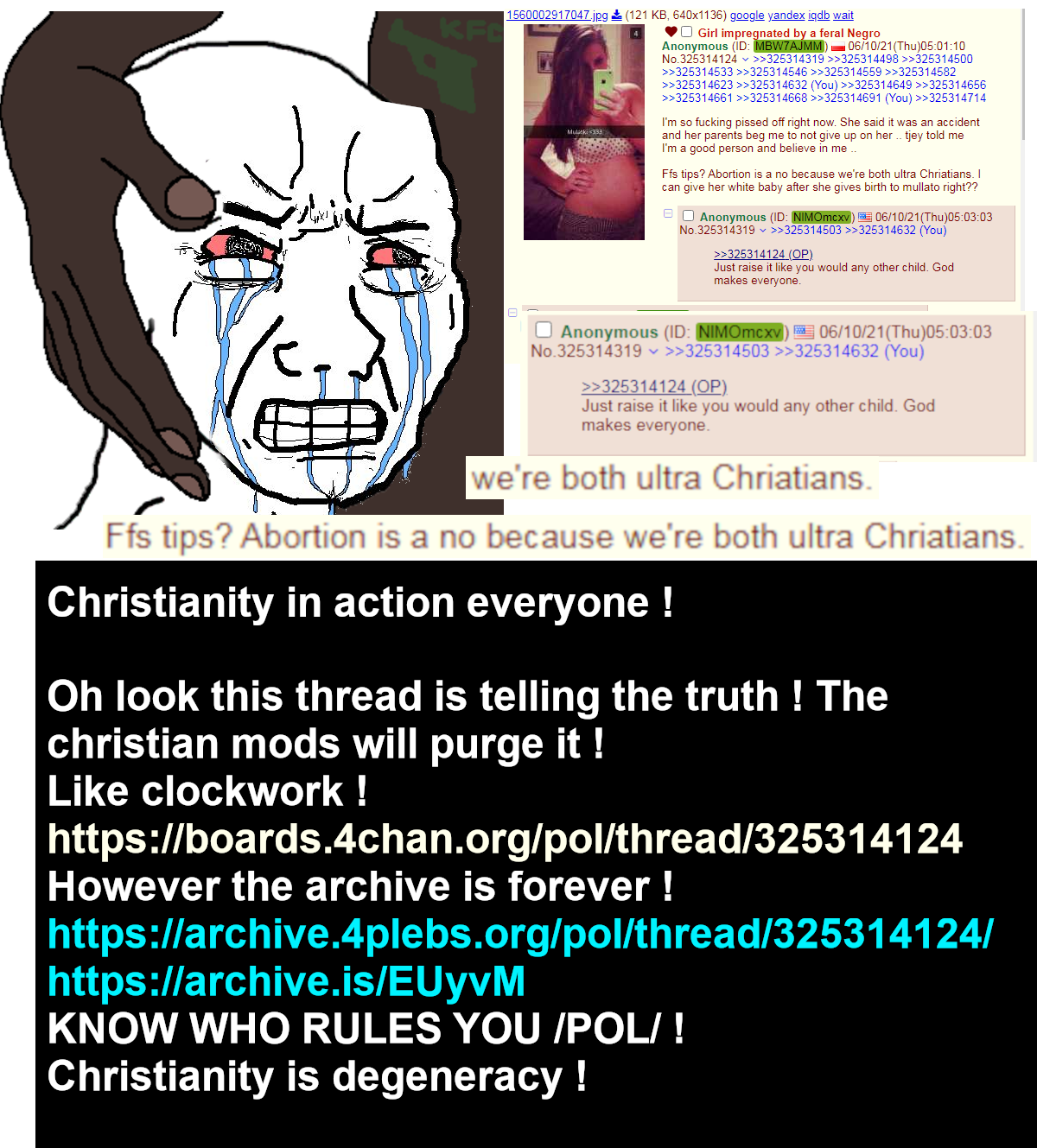 soyak, 4chan, black skin, bloodshot eyes, crying, holding head, nose, open mouth, pol 4chan, sad