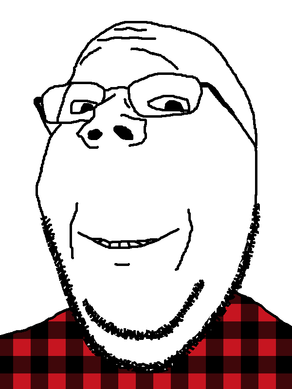 gapejak, wholesome soyjak, bald, beard, black eyes, black shirt, eyes, flannel, forehead, glasses