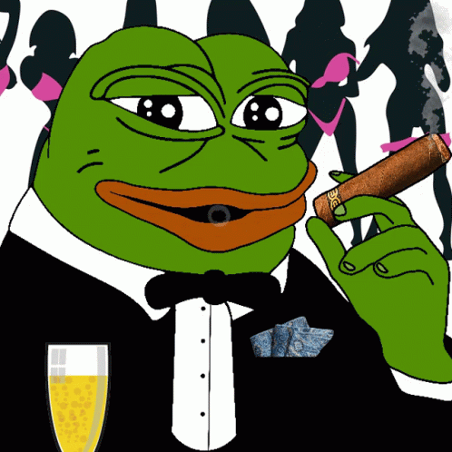 pepe, alcohol, amphibian, animal, animated, bald, big lips, blowing smoke, champagne, cigar