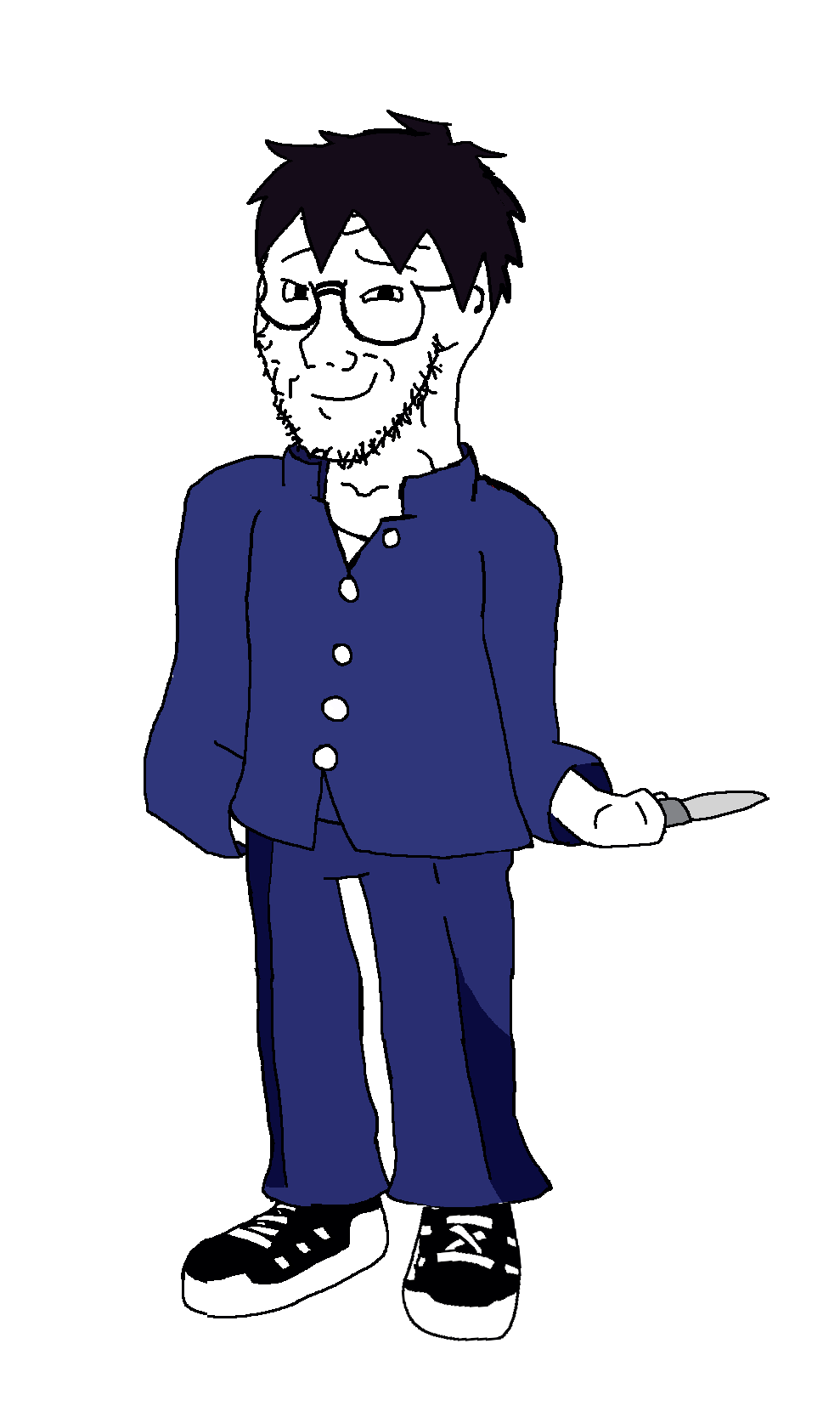 nate higgers, soyak, natejak, black hair, closed mouth, glasses, hair, knife, melty blood, nanaya shiki