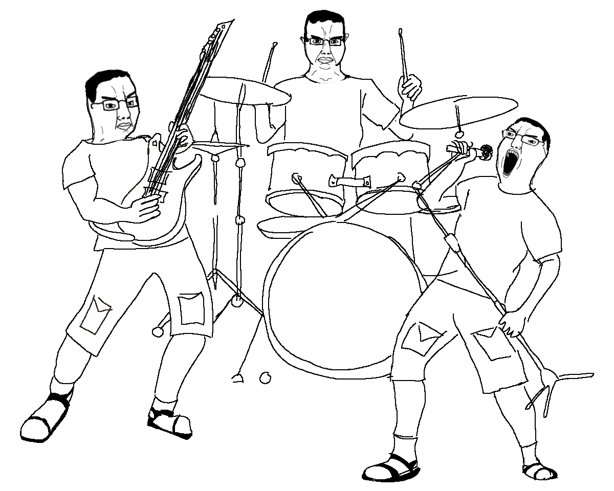 chudjak, chudjak front, yellcel, 3soyjaks, band, closed mouth, clothes, drum, drum set, drumstick