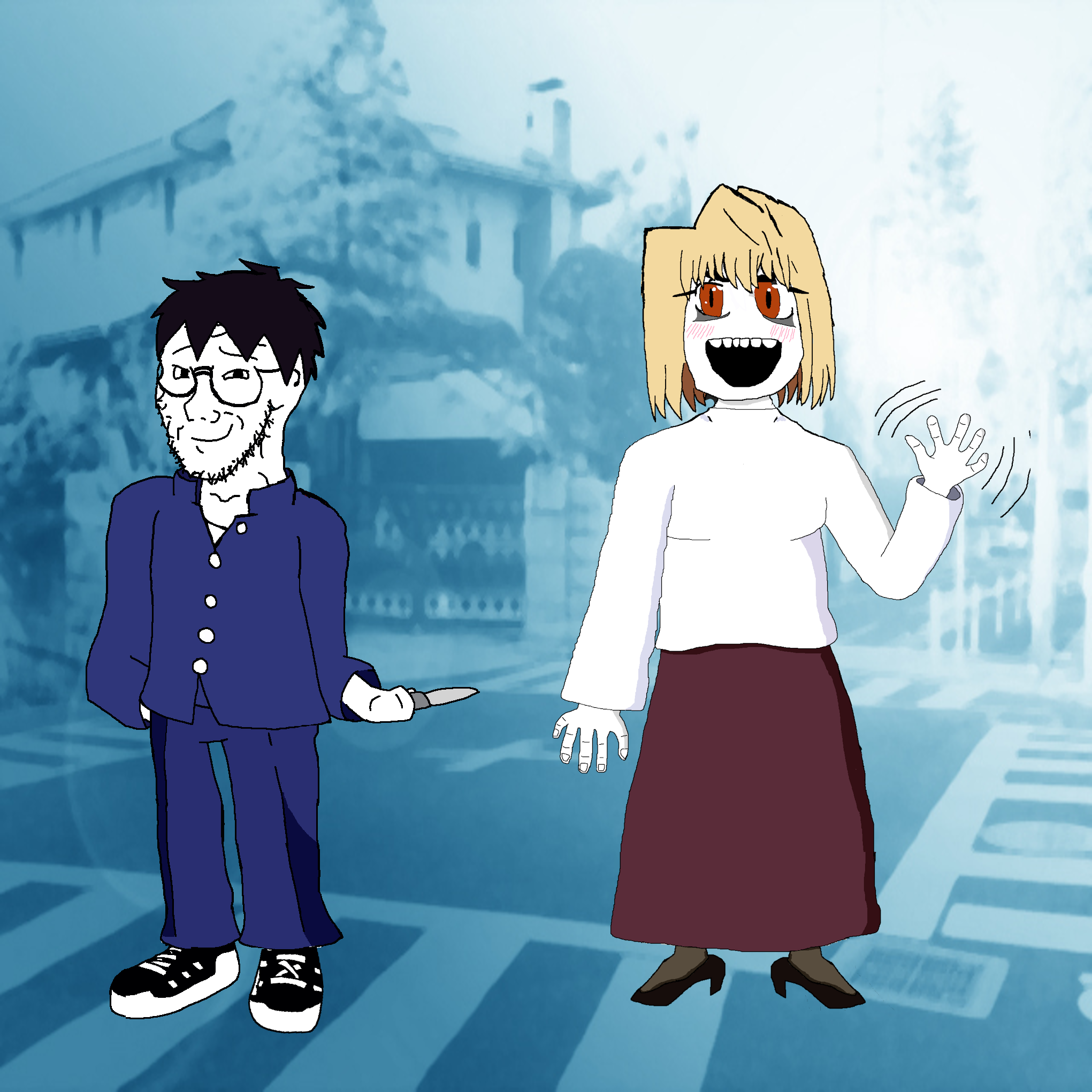 arcueid brunestud, nate higgers, soytan, natejak, 2soyjaks, black eyes, black hair, blonde hair, closed mouth, front view