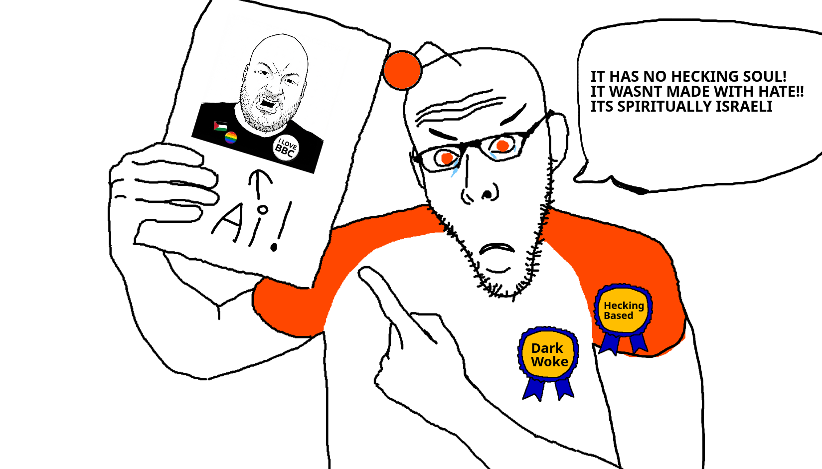 koolson, 1soyjak, 2soyjaks, angry, bald, crying, dark woke, front view, glasses, half open mouth